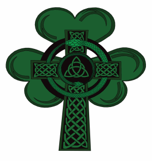 Snakes, representing Irish pagans, wrap around a Celtic cross to show the interconnectedness of Irish pagans, Christianity and St. Patrick’s Day. The shamrock is said to have been used by Saint Patrick as a metaphor for the Holy Trinity when converting pagans. (Illustration by Lea Loeb / Golden Gate Xpress)