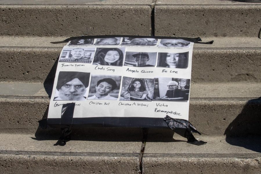 A collage of the people who had died from anti-Asian hate crimes at the Rise Up With Asians rally in the Financial District on March 26, 2021. (Amalia Diaz / Golden Gate Xpress)