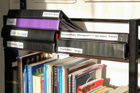 A storage shelf in Christian Cantrell’s room with various musicals on March 14. Cantrell is a lyricist and composer in the SF State Drama Department. (Avery Wilcox / Golden Gate Xpress)
