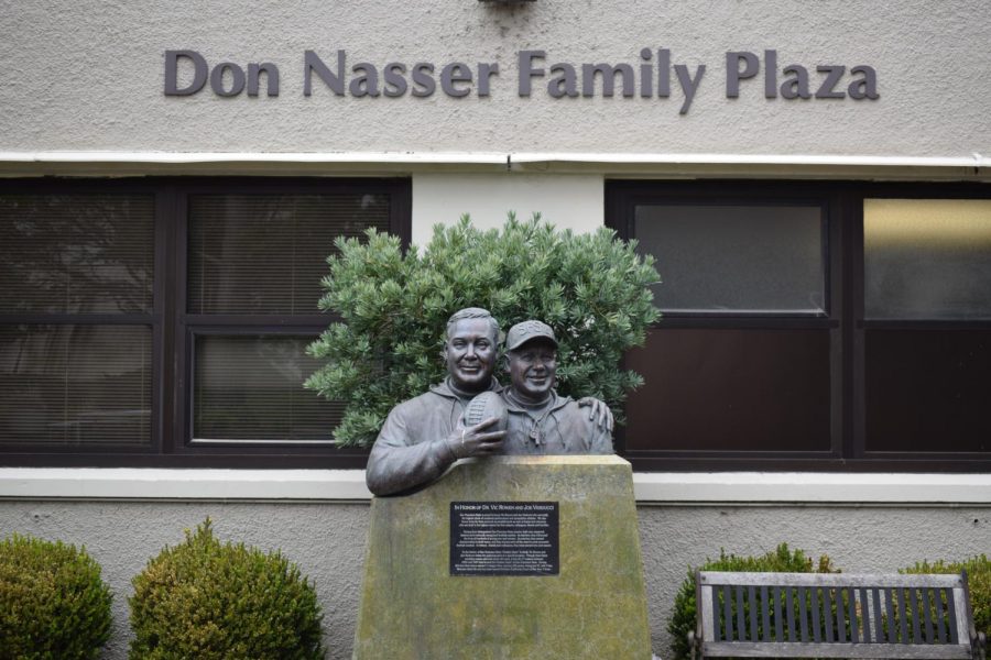 A statue of former Gator football coaches Vic Rowen (left) and Joe Verducci (right) in front of the Don Nasser Family Plaza at SF State on March 15. (Lucky Whitburn-Thomas / Golden Gate Xpress)
