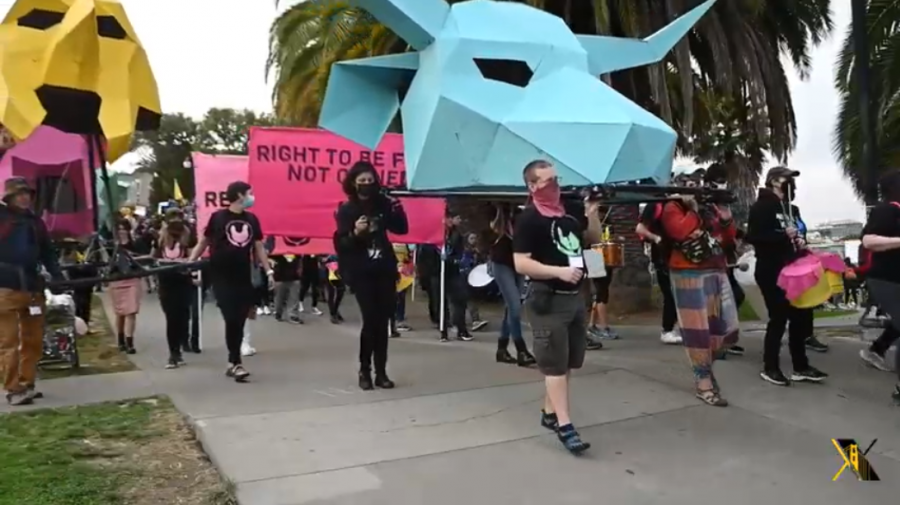 Activists for animal rights carry colorful sculptures of animal heads in Dolores Park on Saturday, September 25, 2021. (Morgan Ellis / Golden Gate Xpress)