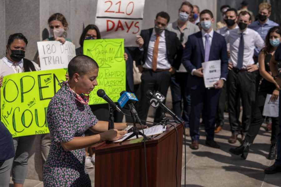Jade Arellano speaks during a rally outside the San Francisco Hall of Justice on Sep. 21, 2021. Arellano is the organizing director with the Western Regional Advocacy Group, which claims on their website to “expose and eliminate the root causes of civil and human rights abuses.” (Nicolas Cholula/Golden Gate Xpress)