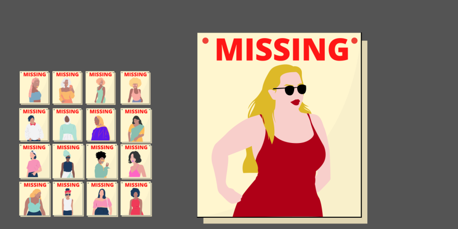 Several women of color missing posters stand next to an enlarged white woman missing poster. This phenomenon is referred to as the missing white girl syndrome, which is when media coverage highlights missing white women but not women of color. (Paris Galarza/Golden Gate Xpress)