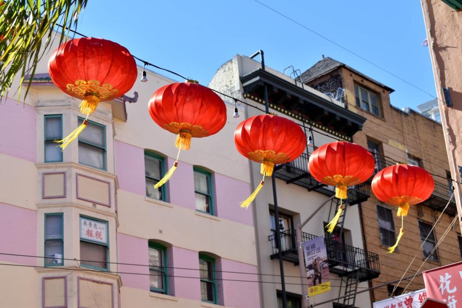 Red lanterns hang in celebration of Lunar New Year in Chinatown on Feb. 1, 2022. (Karina Patel / Golden Gate Xpress)