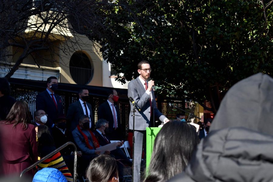 District Attorney Chesa Boudin speaks at a Lunar New Year press conference event at Portsmouth Square in Chinatown on Feb. 1, 2022 (Karina Patel / Golden Gate Xpress)