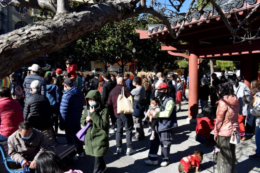 Many Chinatown locals gather at Portsmouth Square on Lunar New Year to hear a press conference from San Francisco Officials and participate in the small, local parade shortly after. (Karina Patel / Golden Gate Xpress)
