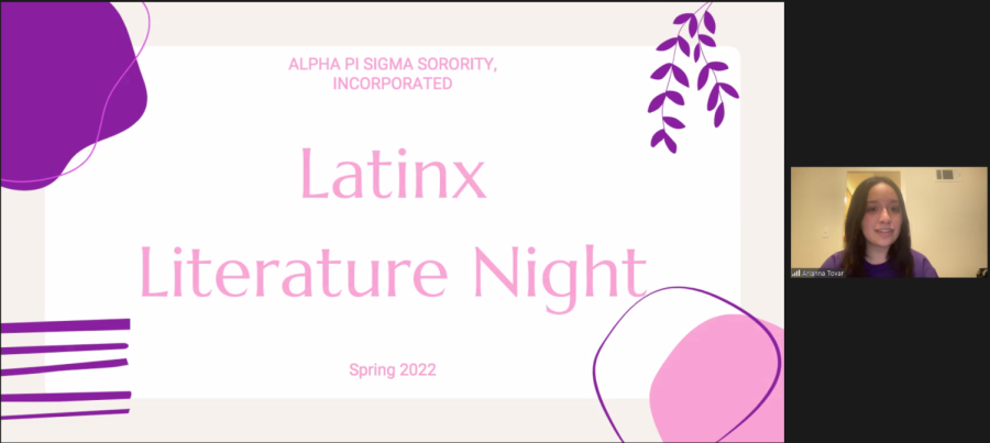 Arianna Tovar of Alpha Phi Sigma welcomes the audience to the
LatinX literature night via Zoom on Jan. 31. (Paris Galarza / Golden Gate Xpress