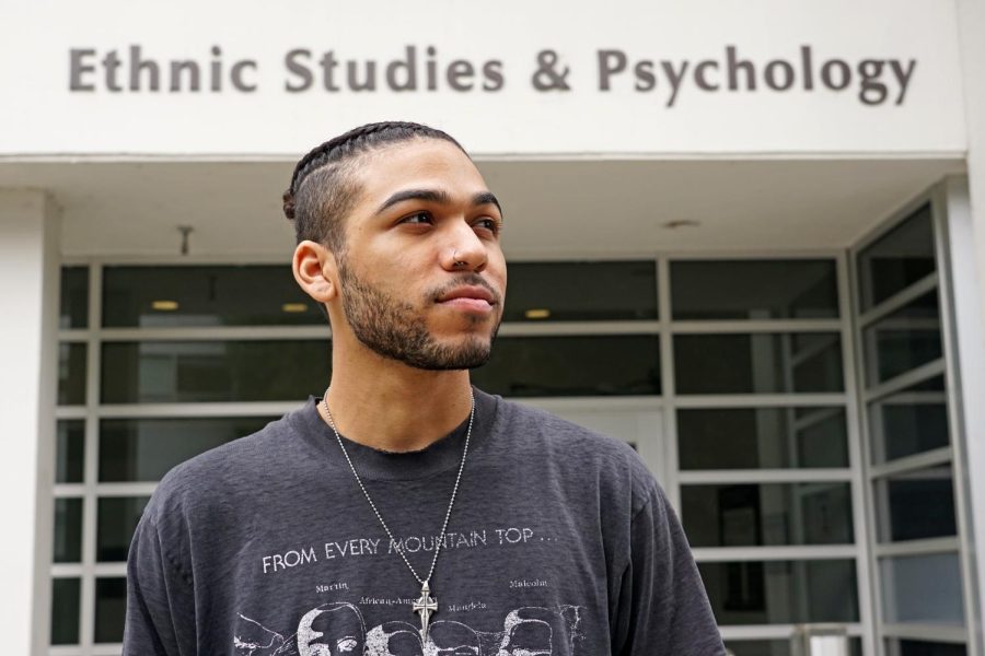 Lee Lockhart, SF State’s Black Student Union vice president of external affairs, poses for a portrait in front of the Ethnic Studies and Psychology building on March 17. (Maximo Vazquez / Golden Gate Xpress).