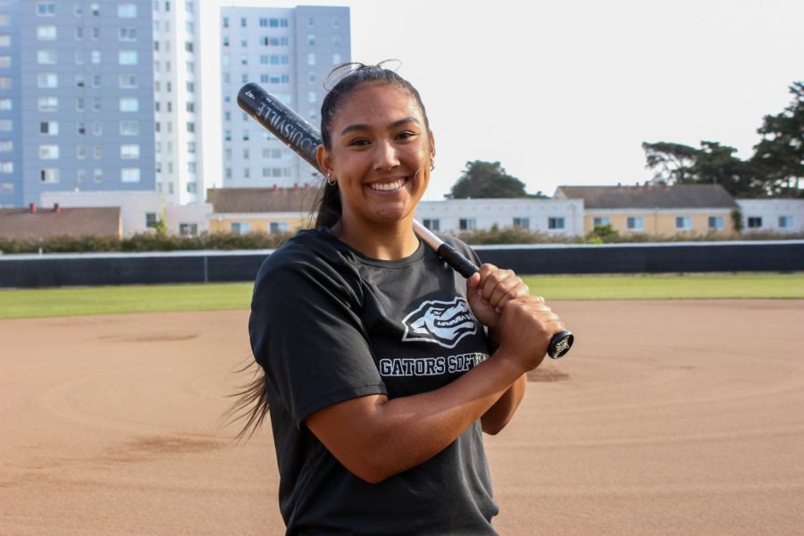 Vallejos poses for a portrait on the SF State softball field on April 21. Vallejos was named California Collegiate Athletic Association player of the week for the second time in her career. (Paris Galarza / Golden Gate Xpress)