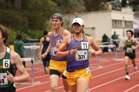 Parker Smith and Gary Valle (left to right) both competing in the men’s 1500 meter race at Cox Stadium on May 6. (Paris Galarza / Golden Gate Xpress) 