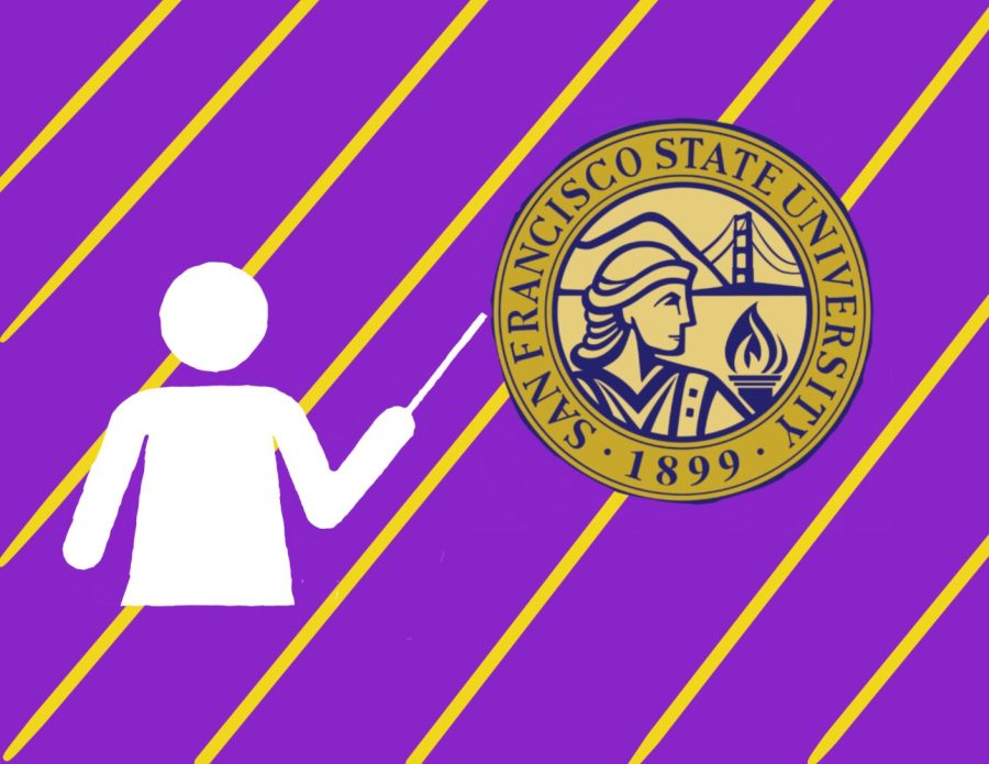 A white figure, which represents the majority of white professors at SF State, points to SF States emblem against a purple with gold diagonal stripes background. (Maximo Vazquez / Golden Gate Xpress)