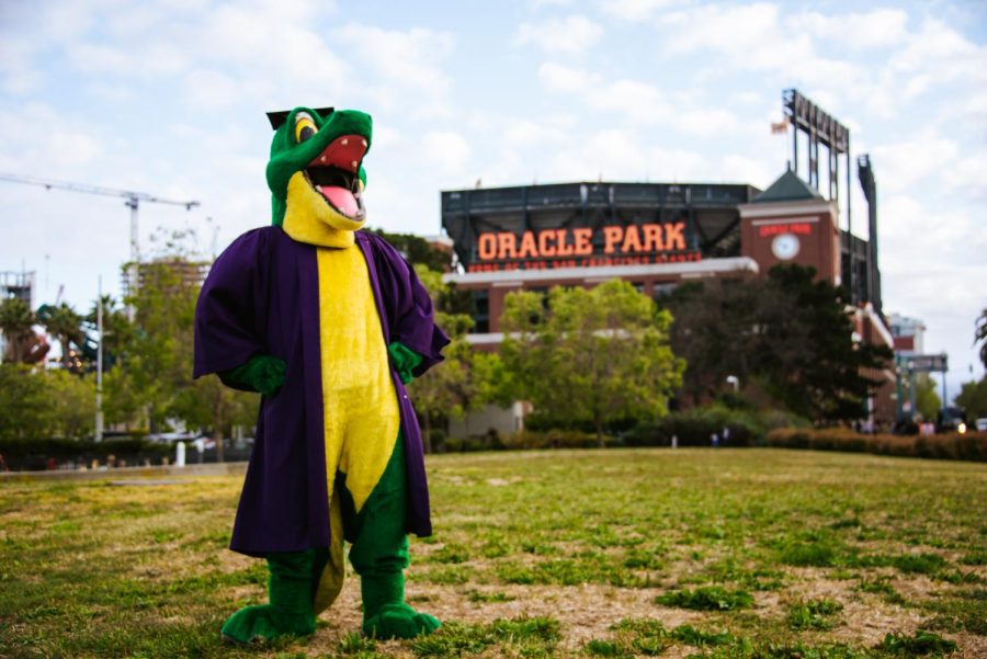 The SF State Gator poses outside of Oracle Park for Golden Gate Xpress on May 6. (Garrett Isley / Golden Gate Xpress)