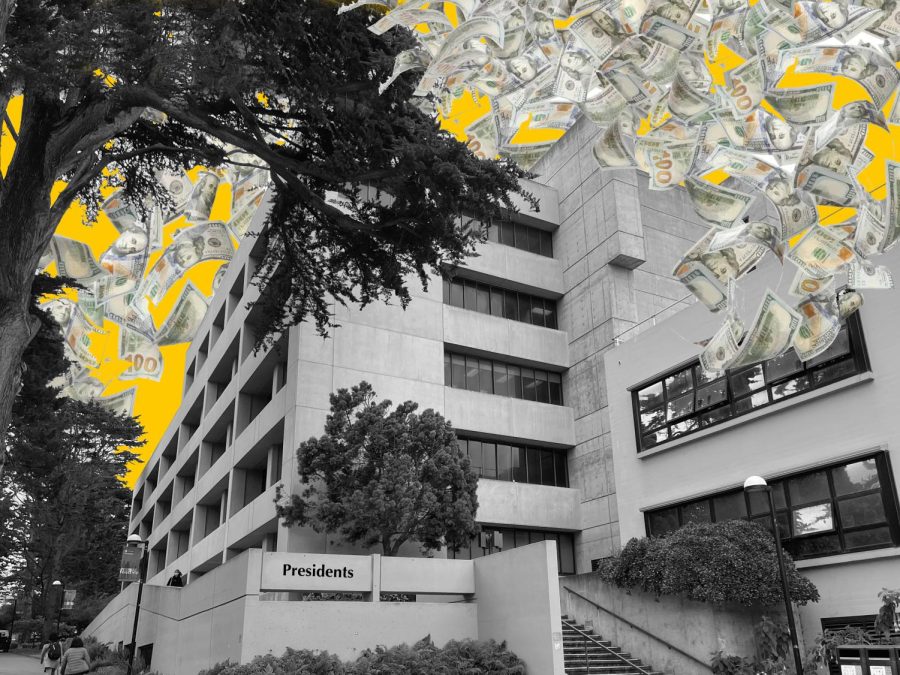A graphic of the administration building covered in money. The 2022–23 fiscal year will see a range of wage increases for CSU presidents and faculty members. (Rene Ramirez / Golden Gate Xpress)