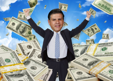 Former CSU Chancellor Joseph I. Castro standing with his hands in the air while $100 bills fall from the sky. (Myron Caringal / Golden Gate Xpress. Art courtesy of Nature from Getty Images and Billion Photos. Background courtesy of TanyaSid from Getty Images)
