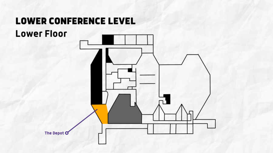 A map of the lower conference level of the Cesar Chavez Student Center. The Depot is a venue of the lower level that hosts events such as concerts and comedy nights. (Illustration by Myron Caringal / Golden Gate Xpress)
