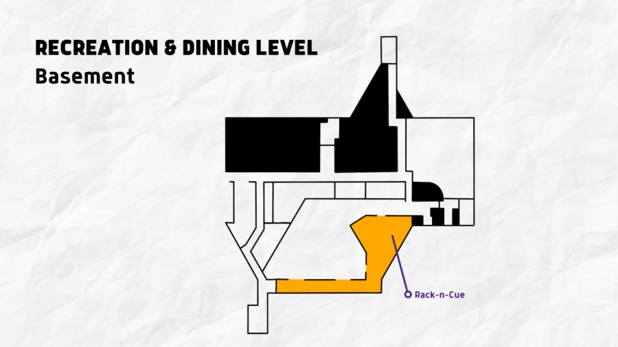 A map of the lowest level of the Cesar Chavez Student Center, the Recreation & Dining Level. The Rack-n-Cue area of the floor provides games for the SF State community. (Illustration by Myron Caringal / Golden Gate Xpress)