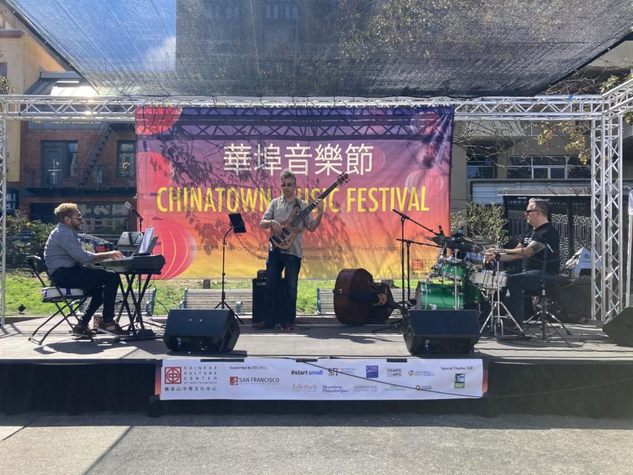 Christian Tumalan, Aaron Germain and Brian Andres (left to right) perform at the Chinatown Music Festival at Portsmouth Square on Aug. 27, 2022. The trio played genres including Latin and Afro-Cuban jazz during the event. (Aiden Brady / Golden Gate Xpress)