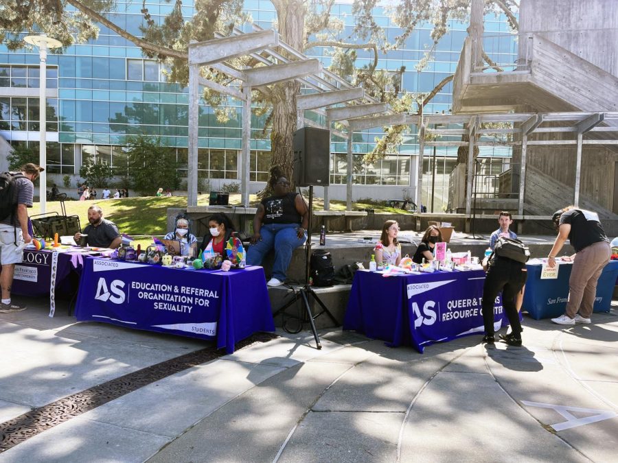 Students as well as queer and trans resource organizations gathered in Malcolm X Plaza on Sept. 6. It was the first annual resource fair by SF State’s Queer & Trans Resource Center. (Alexis Alexander/ Golden Gate Xpress)