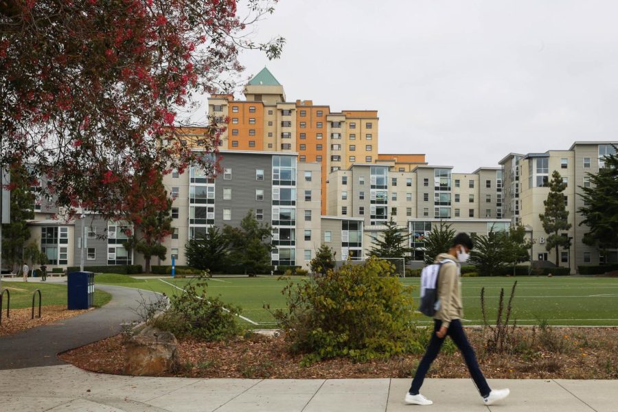 A student walks by West Campus Green at SF State on Aug. 29. SF State announced that the field will be the site of a new on-campus residential community in 2024. (Juliana Yamada / Golden Gate Xpress)