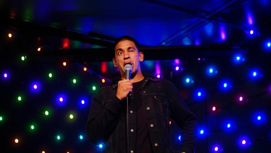 Comedian Frankie Marcos does a Forest Whitaker impression during his standup routine at The Depot in the Cesar Chavez Student Center on Sept. 1. (Miguel Francesco Carrion / Golden Gate Xpress)
