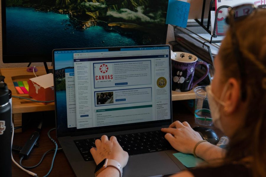Rebecca Eissler of the political science department demonstrates some of the features local to Canvas. Officials are scheduling Canvas to completely replace iLearn, the previous online learning platform, by 2023 (Joshua Carter / Golden Gate Xpress)