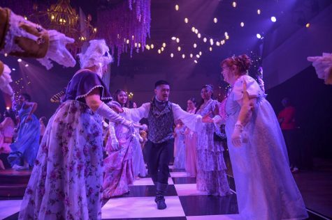 SF State Dance major Johan Casal dances with guests at “Netflix’s A Bridgerton Experience: The Queens Ball” in San Francisco on Sept. 14. (Ashley Hayes-Stone / Golden Gate Xpress)