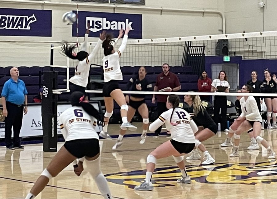 Outside hitter Jose Collier (16) tries to hit the ball over the outstretched arms of defenders during a 3-0 win versus Chico State on Oct. 28, 2022 at Don Nasser Plaza. (Jack Davies / Golden Gate Xpress)