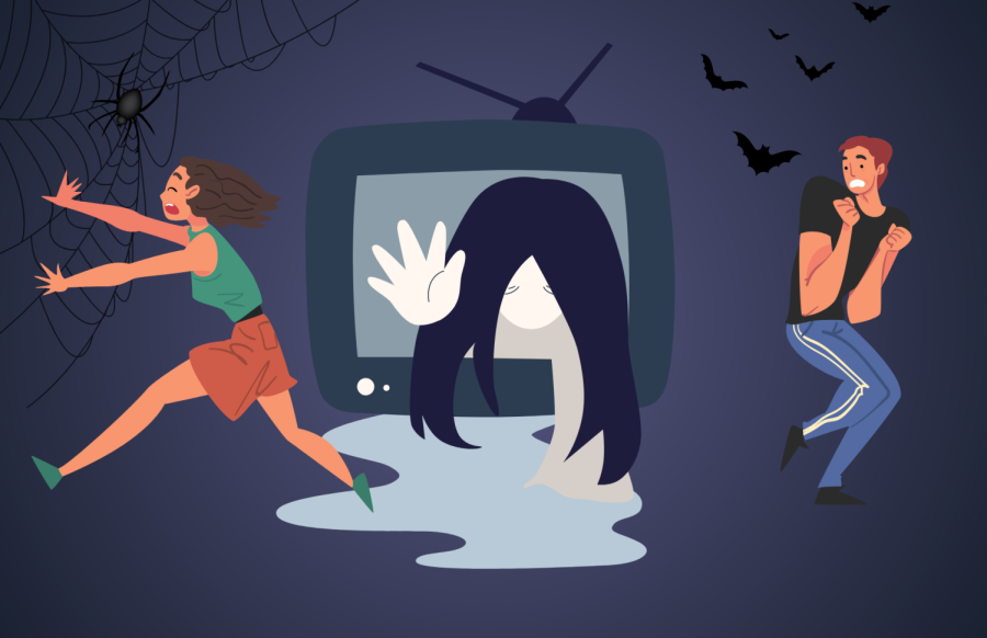 An illustration of a horror movie character escaping a TV. (Illustration by Myron Caringal)