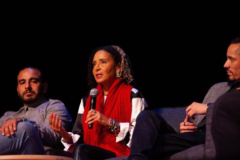 Director of SF States Latinx Student Center Emmanuel Padilla (left), Backstreet to the American Dream filmmaker Patricia Nazario (center), and Cinema professor Rafael Flores (right) speak during a panel on the documentary in McKenna Theater on Oct. 11, 2022. (Jesus Arriaga for Golden Gate Xpress)