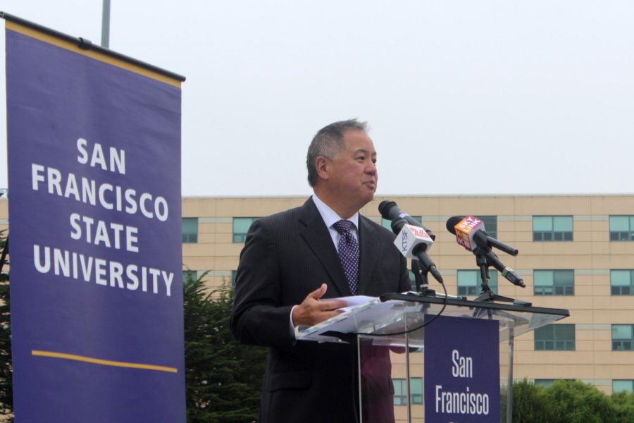 Assemblyman Phil Ting addresses the audience at the West Campus Green event on Oct. 14, 2022. (Oscar Palma / Golden Gate Xpress)