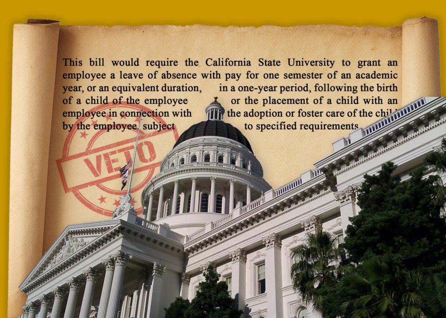 An illustration of the Capitol Building in Sacramento in front of a scroll stating the objective of the recently vetoed AB2464. (Luis Cortes / Golden Gate Xpress. Capitol Building photo courtesy of Denis Hiza via Pixabay)