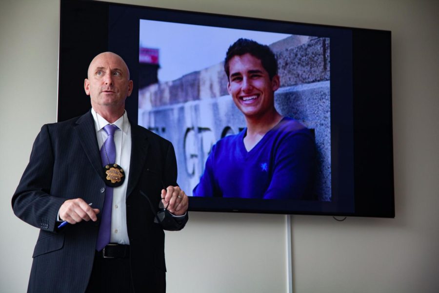 Lt. Jim Callaghan talks about Justin Valdez, who was killed while waiting for the Muni light rail train by SF State, at the Student Personal Safety training session in the Events Room at J. Paul Leonard Library on Oct. 20, 2022.(Jesus Arriaga / Golden Gate Xpress)