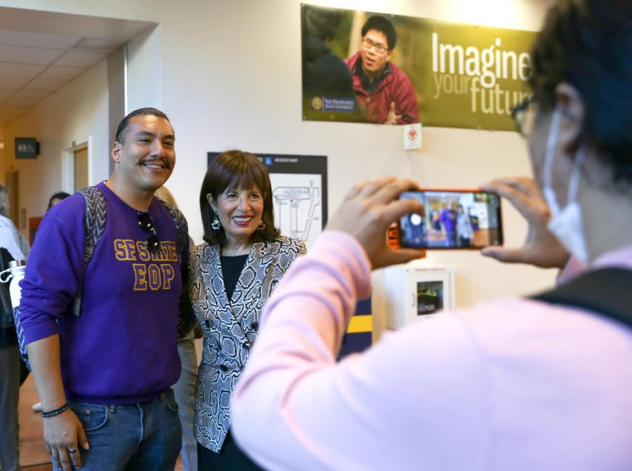 Nelson Rivera (left) poses for a photo with Rep. Jackie Speier (right) after a SF State Political Science department town hall on Oct. 3, 2022. Speier is set to retire in November after representing California’s 14th Congressional District, which includes SF State, since 2008. (Juliana Yamada / Golden Gate Xpress)
