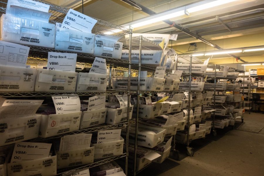 Ballots are stacked on shelves in San Franciscos City Hall during election day on Nov. 8, 2022. (Roos Verbrugh for Golden Gate Xpress)
