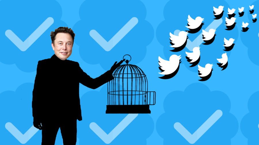 Twitter CEO Elon Musk holds a birdcage with Twitter birds flying away. Even with Musk’s acquisition of the company, many students at SF State have decided against leaving the app. (Illustration by Juliana Yamada / Golden Gate Xpress. Photo courtesy of Duncan.Hull, licensed under CC BY-SA 4.0.)