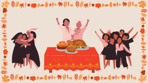 People join together around a table of food to celebrate Thanksgiving. Black Residents in United Housing is hosting Soulsgiving on Nov. 23 for SF State students who can’t make it home for the holiday. (Illustration by Jenna Mandarano / Golden Gate Xpress)