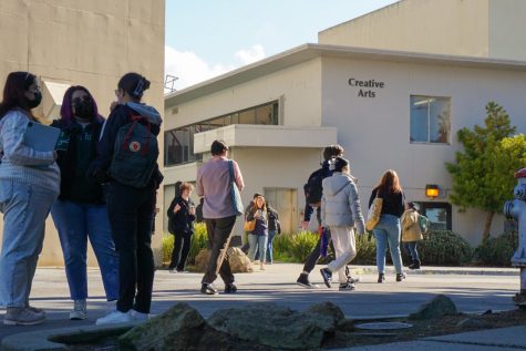 Students walk past the Creative Arts Building at SF State in San Francisco, Calif., on Dec. 7, 2022. (Tatyana Ekmekjian / Golden Gate Xpress)