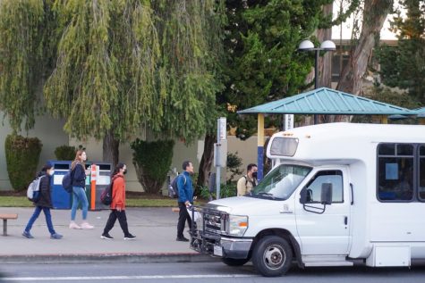 SF State students approach the shuttle bus on 19th Ave. on Dec. 7, 2022. (Tatyana Ekmekjian / Golden Gate Xpress)