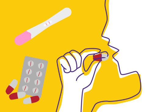 A positive pregnancy test with a person taking abortion pills. Starting Jan. 3 2023, SF State will offer students abortion medication by booking appointments with Student Health Services Center. (Illustration by Zackery Stehr / Golden Gate Xpress)       
