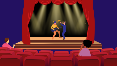 Two musicians play the trombone and guitar during a performance in a theater to a small crowd of two people. (Illustration by Emily Calix / Golden Gate Xpress)