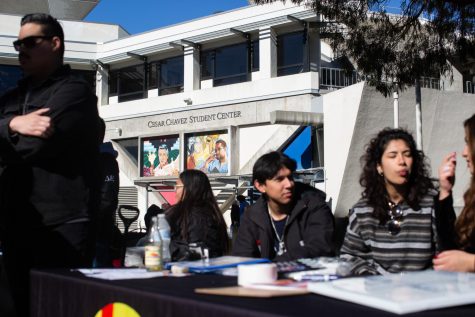  Maritza Serna (R) sits next to Joseph Escobedo (C) at the LatinX Film Club table during a meet-and-greet for San Francisco State clubs and organizations at the Quad in San Francisco Calif., on Monday, Jan. 30, 2023. (Benjamin Fanjoy / Golden Gate Express)