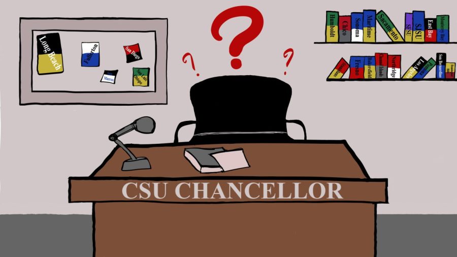 An illustration of an executive desk with a nameplate reading CSU Chancellor along with a chair riddled with question marks in front of a background with the colors of different universities in the CSU system. (Adriana Hernandez / Golden Gate Xpress)  