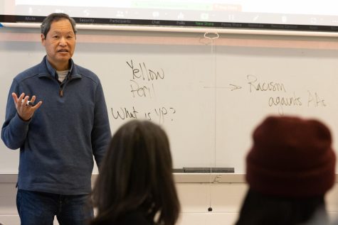 Professor Russell Jeung teaches a theory about racism against Asians at SF State on Monday, Feb. 6, 2023. (Benjamin Fanjoy / Golden Gate Xpress)