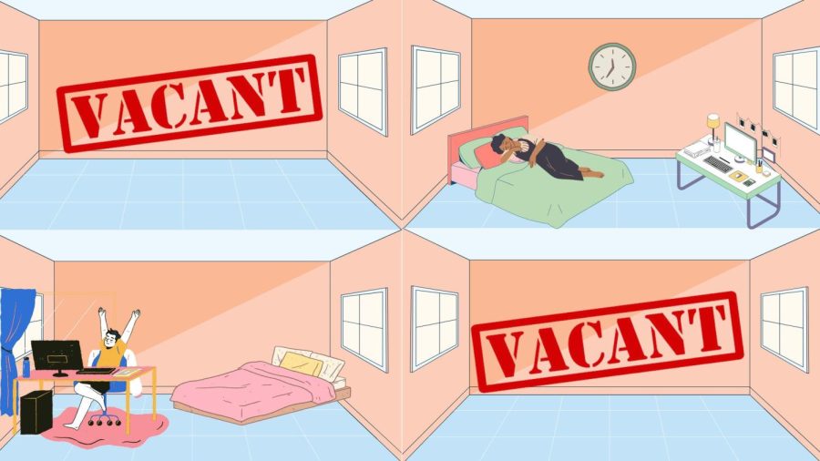 A four student dorm is only occupied by two residents. Some on-campus housing units have vacant rooms. (Illustration by Alexis Alexander/ Golden Gate Xpress) 
