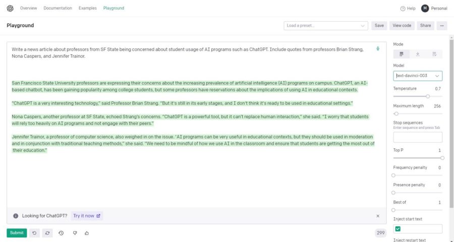 A screenshot of OpenAI’s Playground feature, a more advanced version of ChatGPT, being fed a prompt to write its own version of this article. Playground was used due to ChatGPT’s server reaching usage capacity at the time of writing. (Miguel Francesco Carrion / Golden Gate Xpress)