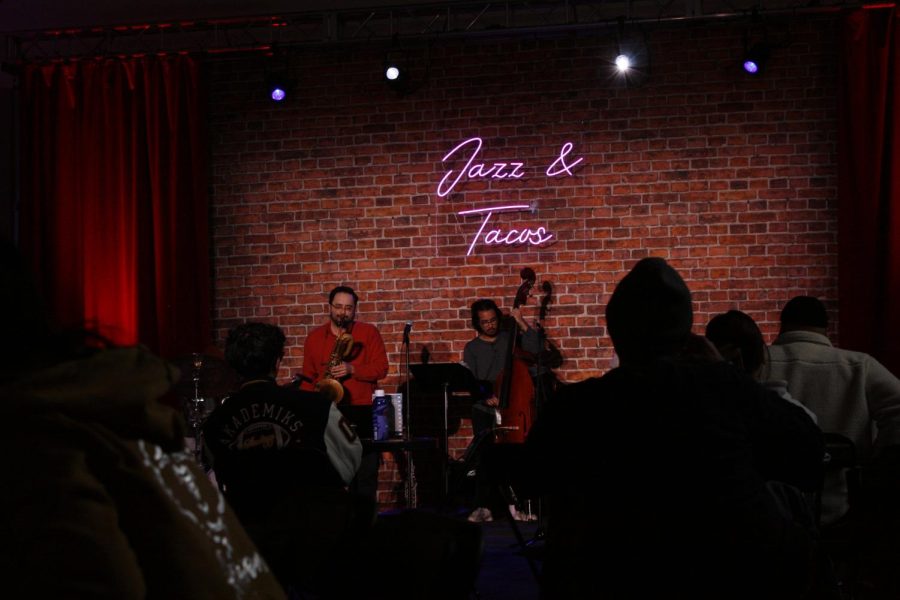 The band SLUGish Ensemble performs at SF State’s Creative Arts building for the Jazz & Tacos event for SF State students and faculty on Feb. 1, 2023. (Tam Vu / Golden Gate Xpress)