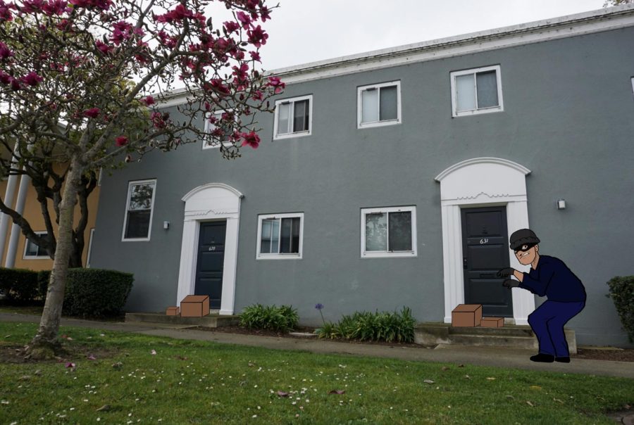An illustration of boxes and a package thief over a photo taken of apartment doors at University Park South. Photo taken on Feb. 10, 2023. (Illustration by Tatyana Ekmekjian and Adriana Hernandez / Golden Gate Xpress)