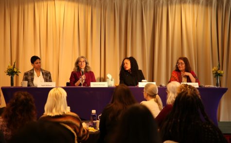Starting from left to right: Ingrid Williams, Carmen Domingo, Jamillah Moore, and Leticia Márquez-Magaña are sitting at the table on stage at SF State’s Seven Hills Conference Center on March 10, 2023. (Tam Vu / Golden Gate Xpress)