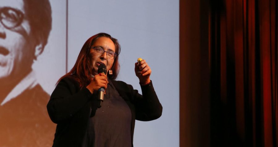 Dr. Marisol Ruiz speaks on stage at SF State’s Jack Adams Hall for the 12th annual Women’s Center Conference on March 11, 2023. (Tam Vu / Golden Gate Xpress)