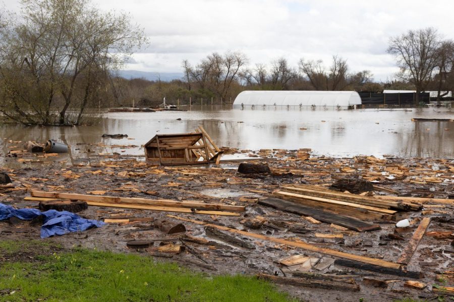 Flood water fills Andrew Tope’s property in Salinas Calif., on Friday, Jan. 13, 2023. Salinas, like most of California, has been battered by over a week of heavy weather and is threatened by rising floods from the Salinas river. (Benjamin Fanjoy/ Golden Gate Xpress)
